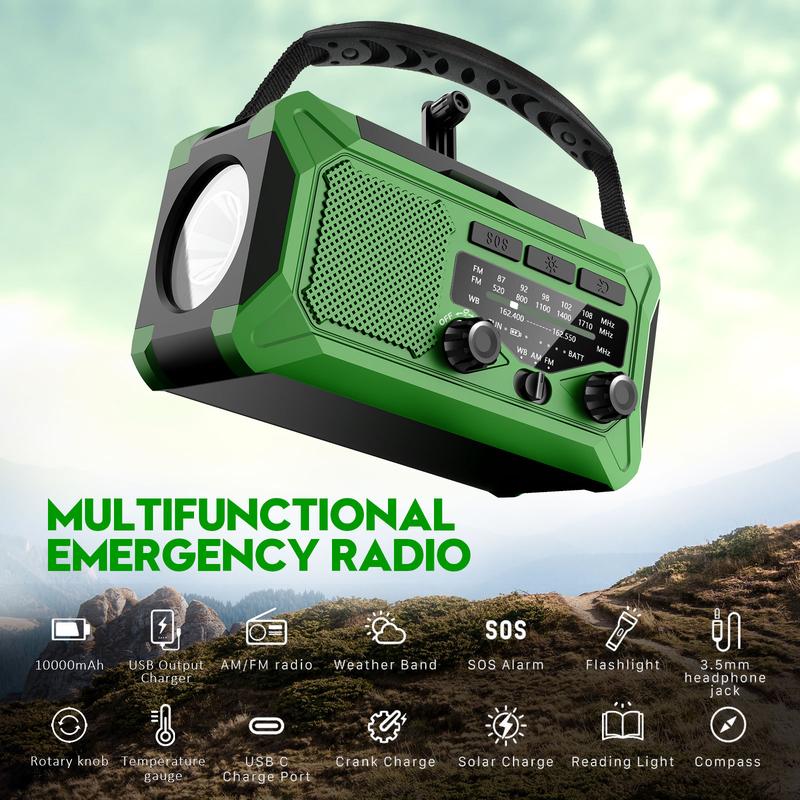 10000mAh Emergency Hand Crank Radio with LED Flashlight, AM FM NOAA Portable Weather Alert Radio, Solar Powered Radio with Phone Charger, USB Charged, SOS Alarm, Compass for Outdoors Audio Button Rechargeable Mobile emergency crank radio