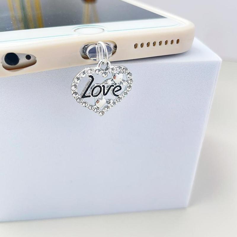 Heart & Love Letter Design Charging Port Anti Dust Plug, Rhinestone Decor Phone Charging Port Dust Plug, Phone Accessories Compatible with iPhone Android