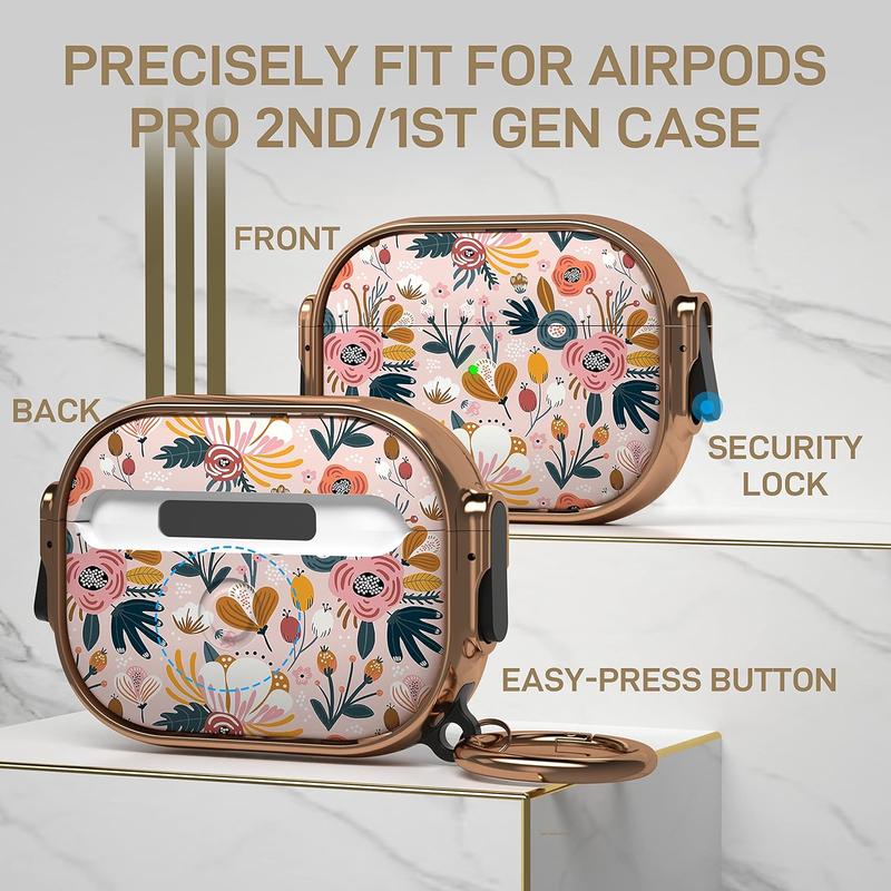 Airpods Pro 2nd 1st Generation Case with Lock, Flower Airpod Pro 2 Case Lock Protective Hard Cute iPod Pro 2 Case with Keychain for Airpods Pro