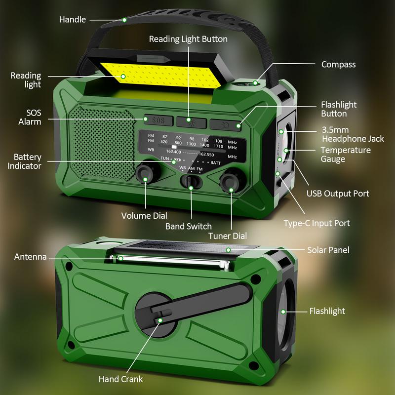 10000mAh Emergency Hand Crank Radio with LED Flashlight, AM FM NOAA Portable Weather Alert Radio, Solar Powered Radio with Phone Charger, USB Charged, SOS Alarm, Compass for Outdoors Audio Button Rechargeable Mobile emergency crank radio