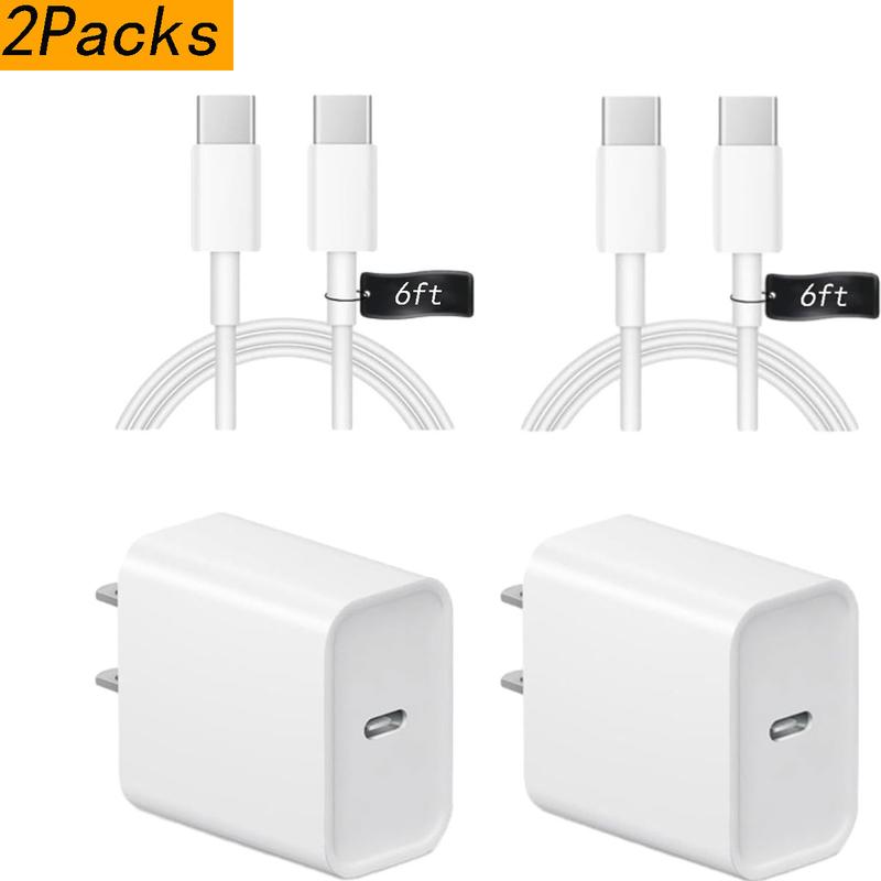 2-Pack 20W PD USB-C Wall Charger with 6FT 10FT Type-C to C Cable for iPhone 16 15 Series, iPad Pro, Air, Mini, Samsung Galaxy, Charging Device