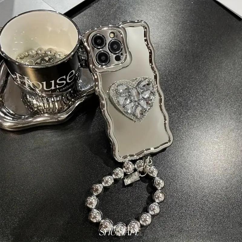 Rhinestone Decor Mirror Phone Case with Bracelet, 1 Count Full Covered Lens Phone Protective Cover for iPhone 11 12 13 14 Promax Cases iPhone 14 Plus