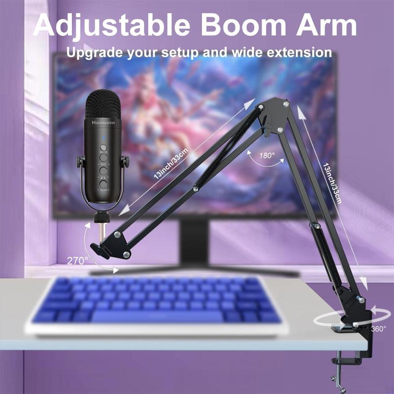 HAOMUREN USB Condenser Microphone Kit, Microphone with Boom Arm, Podcast Condenser USB Condenser Mic Set with Mute Button, Gaming Mic Kit, Adjustable Wireless Condenser Monitor for Phone PC Computer Tablet