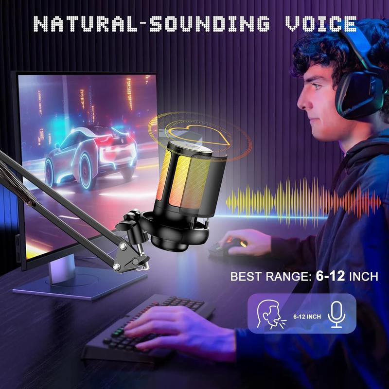 Gaming USB Micrphone,Noise Cancellation Condenser Mic with RGB Boom Arm,Podcast Microphones RGB Computer Mic,Streaming Microphone with Pop Filter,Mute Button,Gain for Recording,Discord,Youtube