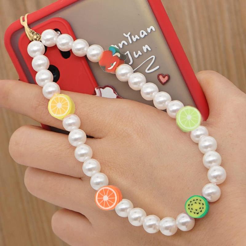 6PCS Beaded Phone Lanyard Wrist Strap Face Beaded Phone Charm Fruit Star Pearl Rainbow Color Beaded Phone Chain Strap for Women