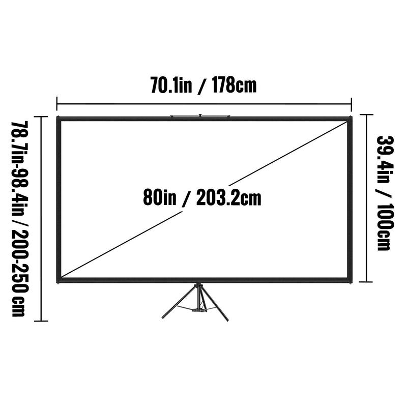 VEVOR Tripod Projector Screen with Stand 80 inch 16:9 4K HD Projection Screen Stand Wrinkle-Free Height Adjustable Portable Screen for Projector Indoor & Outdoor for Movie, Home Cinema, Gaming, Office Accessories Aluminum