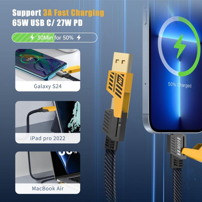 4 in 1 Super Fast Charging Data Cable, 65W Suitable for iPhone, PD27W Type-C Charging, Nylon Weaving Smartphone Cellphone Electronic Charger Mobile