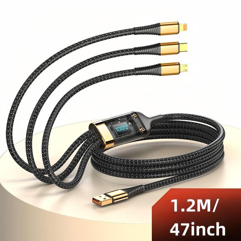 Fast Charging Cable with Digital Display, 1 Count 3-in-1 Braided Real Time Fast Charging USB C Cable for iPhone Samsung OPPO, Charger Data Cable