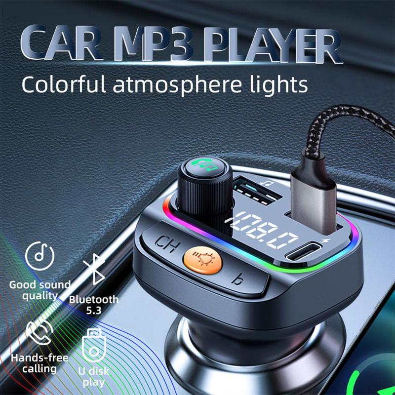 Car MP3 Player with Car Charger Function & Atmosphere Light, Multifunctional Car BT MP3 Player, Universal 12-24V Car Audio Player