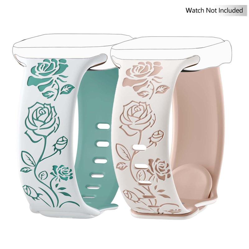 Floral Engraved Band Compatible with iWatch Bands 38mm 42mm Women, Two-Tone Flower Soft Silicone Sport Band for iWatch Series 9 8 7 6 5 4 3 2 1 SE