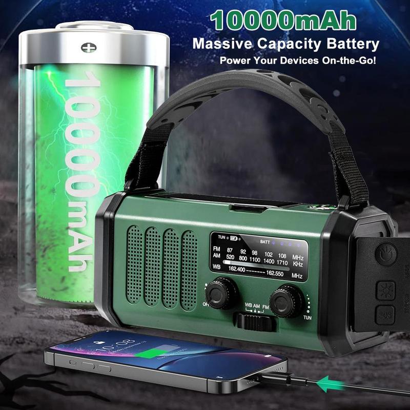 Solar Emergency Radio, 10000mAh Hand Crank Radio, NOAA AM FM Weather Radio with Flashlight & Reading Lamp, Phone Charger for Emergency, Radio, Portable Charger for Phone, Portable Radio