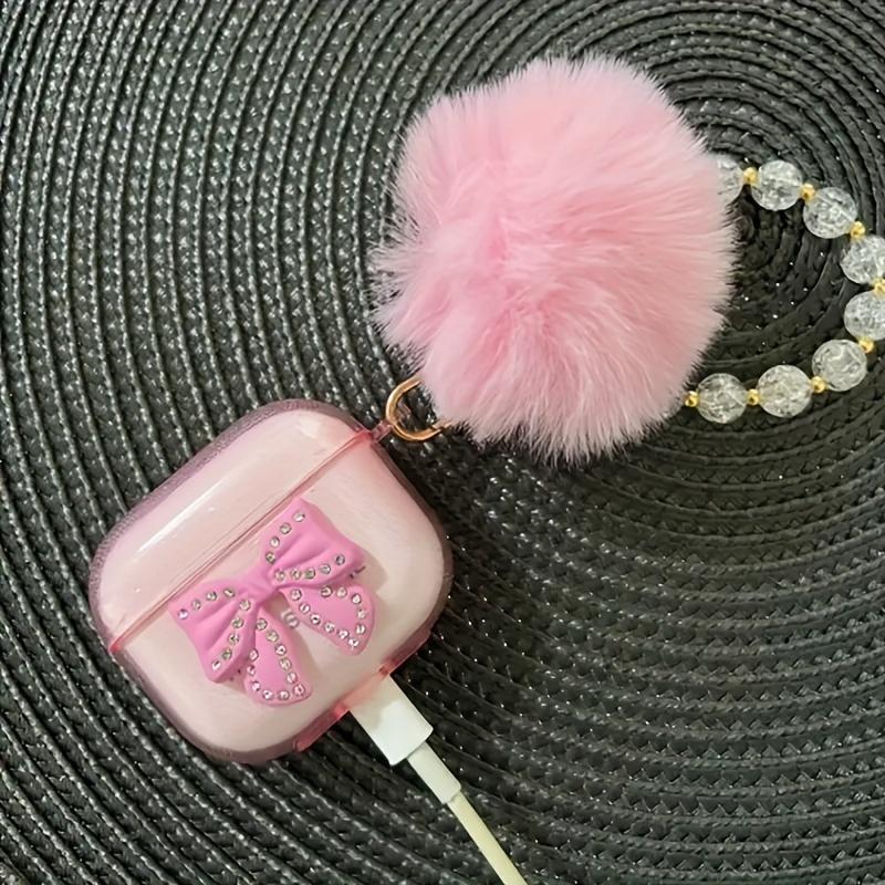 1Pc Pink Bow + Fur Ball Bead Necklace Earphone Case, for AirPods 1 2 Generation Headphone Case New Wireless Headphone Case, for AirPods 3   Pro   Pro2 Headphone Case, Gift for Boyfriend Girlfriend