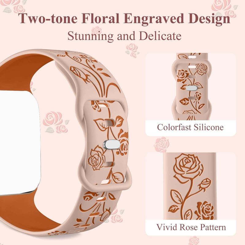 Floral Engraved Band Compatible with iWatch Bands 38mm 42mm Women, Two-Tone Flower Soft Silicone Sport Band for iWatch Series 9 8 7 6 5 4 3 2 1 SE