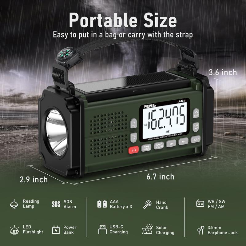 2024 New Arrival PRUNUS J-924 Hand Crank Emergency Radio 10000mAh Power Bank Solar AM FM SW NOAA Audio USB LED Light SOS Alarm Compass for Camping