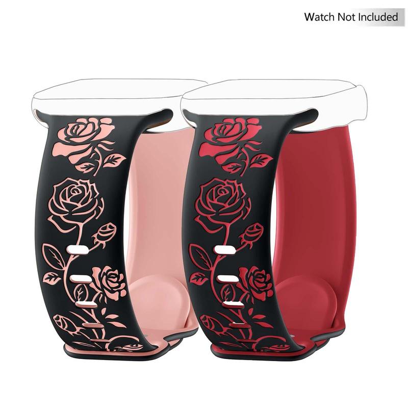 Floral Engraved Band Compatible with iWatch Bands 38mm 42mm Women, Two-Tone Flower Soft Silicone Sport Band for iWatch Series 9 8 7 6 5 4 3 2 1 SE