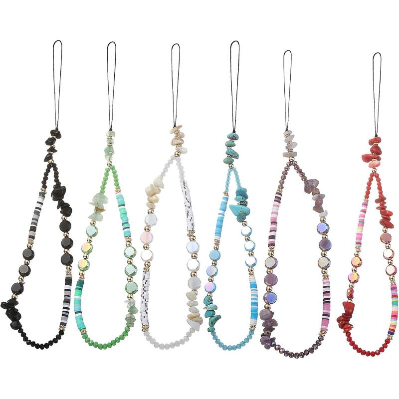 6PCS Beaded Phone Lanyard Wrist Strap Face Beaded Phone Charm Fruit Star Pearl Rainbow Color Beaded Phone Chain Strap for Women