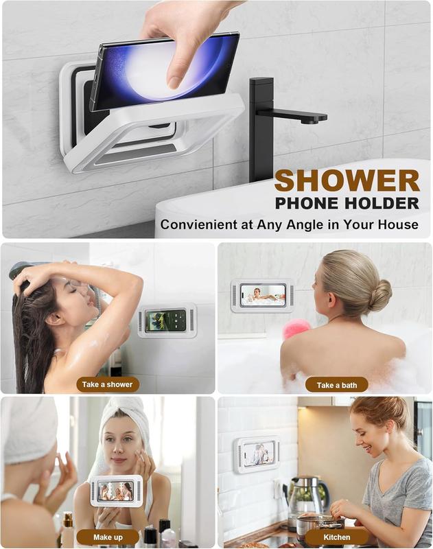 Upgraded Shower Phone Holder  with Speaker Hole Screentouch Shower Phone Stand Case Mount for Bathroom Bathtub Kitchen Wall Mirror for  15 14 13 12 11 Pro XS XR Max (White)