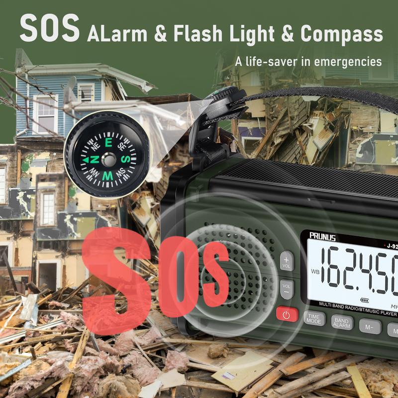 2024 New Arrival PRUNUS J-924 Hand Crank Emergency Radio 10000mAh Power Bank Solar AM FM SW NOAA Audio USB LED Light SOS Alarm Compass for Camping