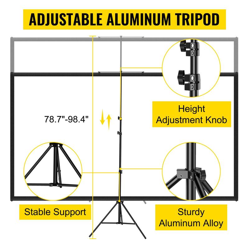 VEVOR Tripod Projector Screen with Stand 80 inch 16:9 4K HD Projection Screen Stand Wrinkle-Free Height Adjustable Portable Screen for Projector Indoor & Outdoor for Movie, Home Cinema, Gaming, Office Accessories Aluminum