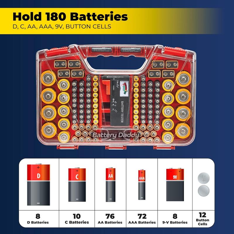 Battery Daddy-Battery Box with Tester, Can and Protect up 180 Batteries, Transparent Lock Cover, as Seen on TV Phone Smartphone