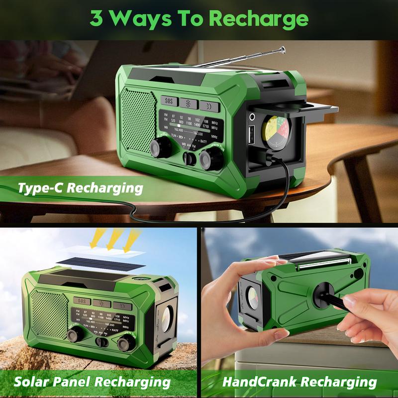 10000mAh Emergency Hand Crank Radio with LED Flashlight, AM FM NOAA Portable Weather Alert Radio, Solar Powered Radio with Phone Charger, USB Charged, SOS Alarm, Compass for Outdoors Audio Button Rechargeable Mobile emergency crank radio