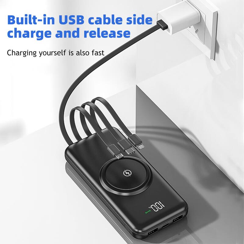 10000mAh Wireless Portable Charger Power Bank with Built-in 4 Cable, 6 Outputs & 3 Inputs Fast Charging External Power Delivery USB-C Battery Pack, fit for iPhone, Samsung, AirPods, and More