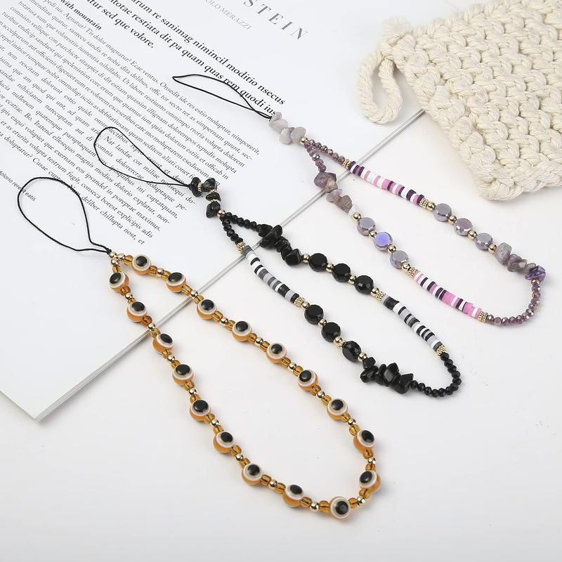 6PCS Beaded Phone Lanyard Wrist Strap Face Beaded Phone Charm Fruit Star Pearl Rainbow Color Beaded Phone Chain Strap for Women