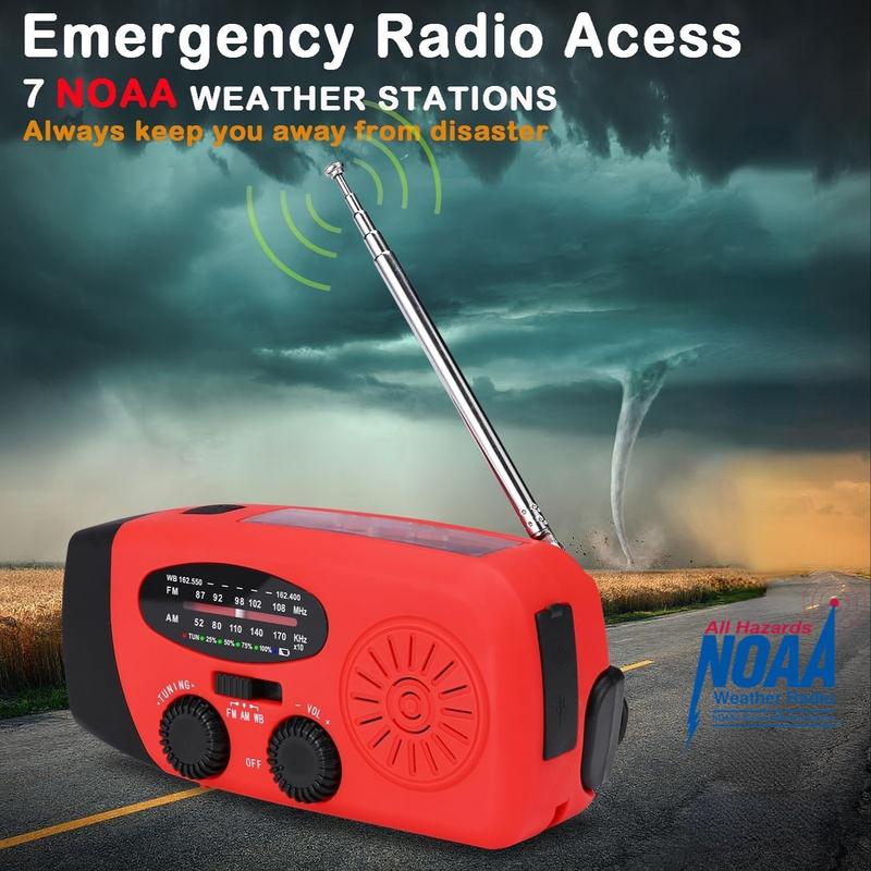 Solar & Hand Crank Emergency Radio, 2000mAh Power Bank, Bright 3-LED Flashlight, AM FM NOAA Radio, Ideal for Camping & Outdoors