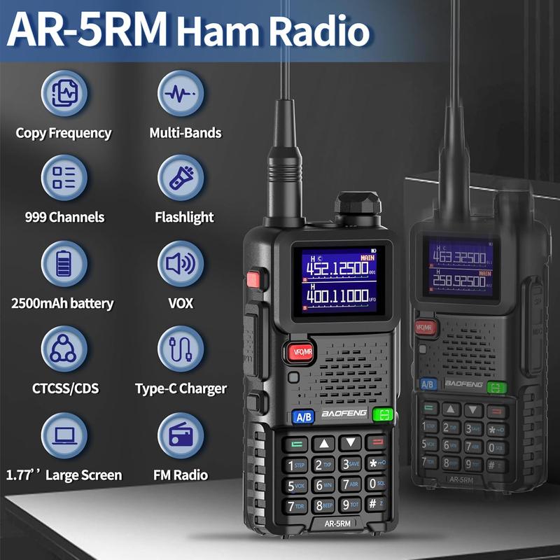 BAOFENG Radio 5RM Ham Radio10W Long Range Handheld AR-5RM Two Way Radio NOAA Weather Receiver Rechargeable Walkie Talkies Longe Range Copy Frequency 999CH with Type C Charging 2500mAh Battery