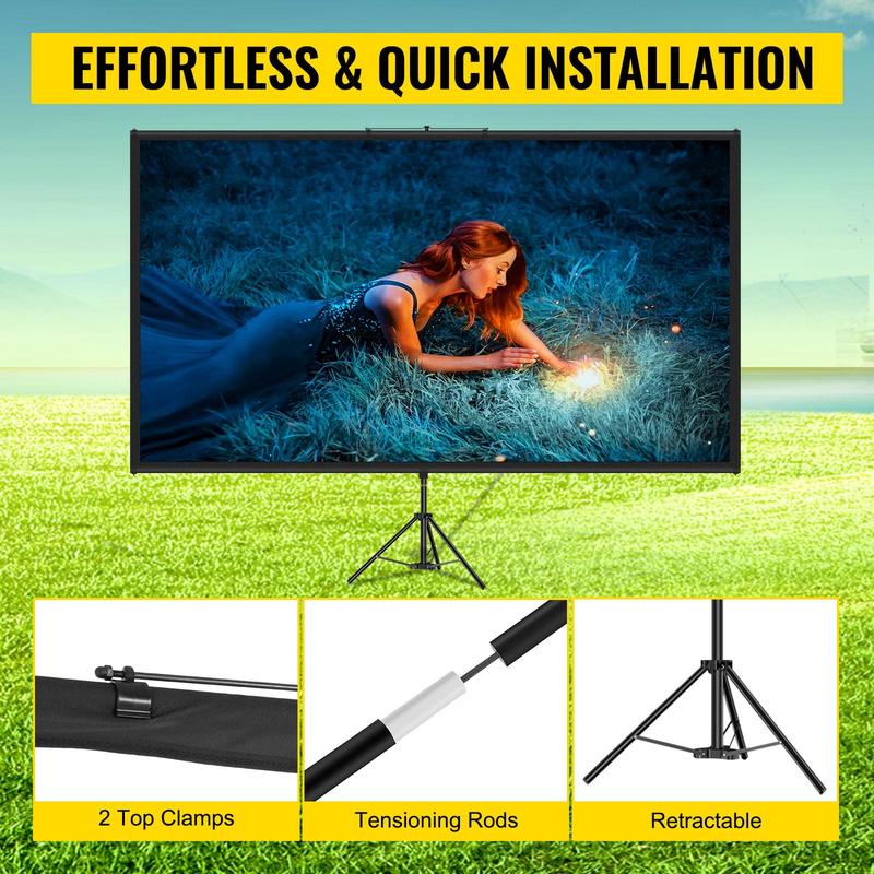 VEVOR Tripod Projector Screen with Stand 80 inch 16:9 4K HD Projection Screen Stand Wrinkle-Free Height Adjustable Portable Screen for Projector Indoor & Outdoor for Movie, Home Cinema, Gaming, Office Accessories Aluminum