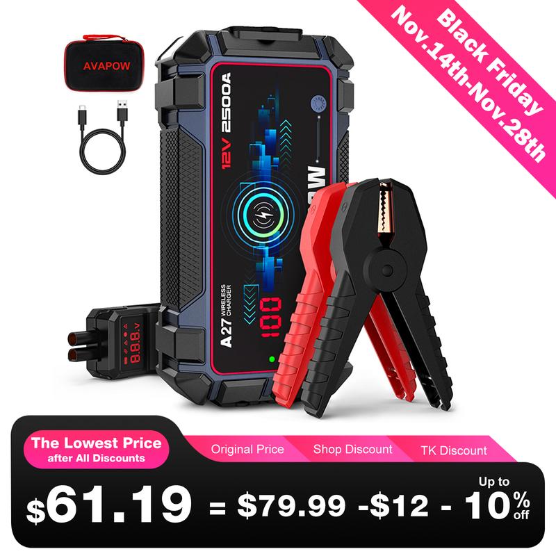 AVAPOW Jump Starter Car Battery 2500A Peak,Portable Jump Starters for Up to 8L Gas 8L Diesel Engine with Booster Function,Wireless Charging Design,12V Lithium Jump Pack,The final purchase price is based on the actual payment amount