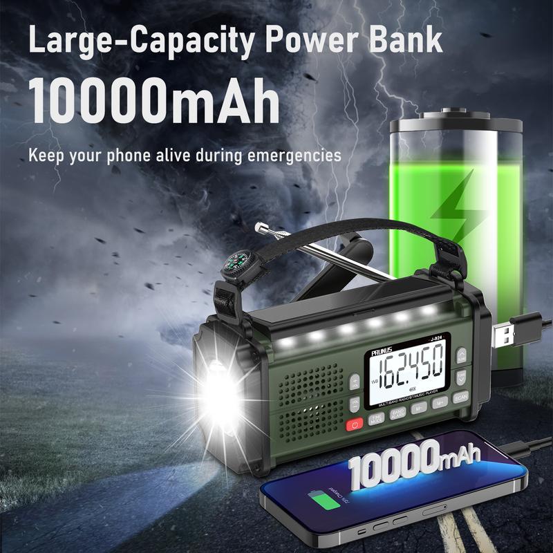 2024 New Arrival PRUNUS J-924 Hand Crank Emergency Radio 10000mAh Power Bank Solar AM FM SW NOAA Audio USB LED Light SOS Alarm Compass for Camping