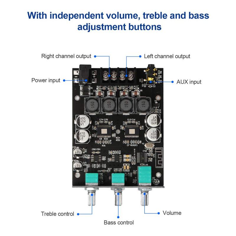 ZK-1002T Bluetooth 5.0 Amplifier Board 2.0 200W HiFi Subwoofer Audio AMP with Treble and Bass Control BT and AUX Inputs, DC 9-24V 2.0 Channel Stereo AMP Module for DIY Speakers, Password Free Smartphone