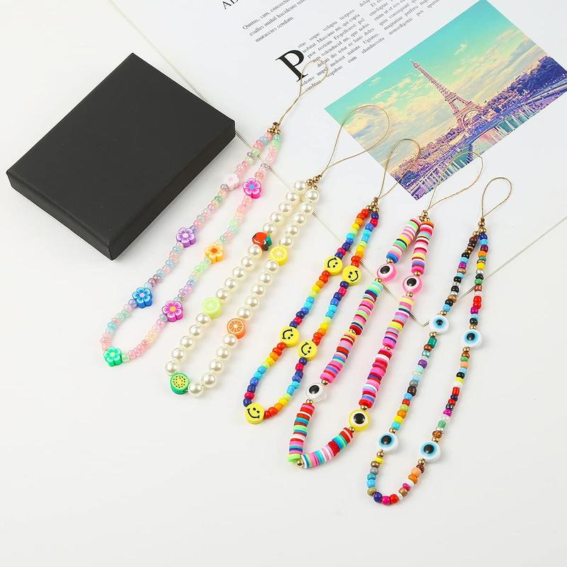 6PCS Beaded Phone Lanyard Wrist Strap Face Beaded Phone Charm Fruit Star Pearl Rainbow Color Beaded Phone Chain Strap for Women