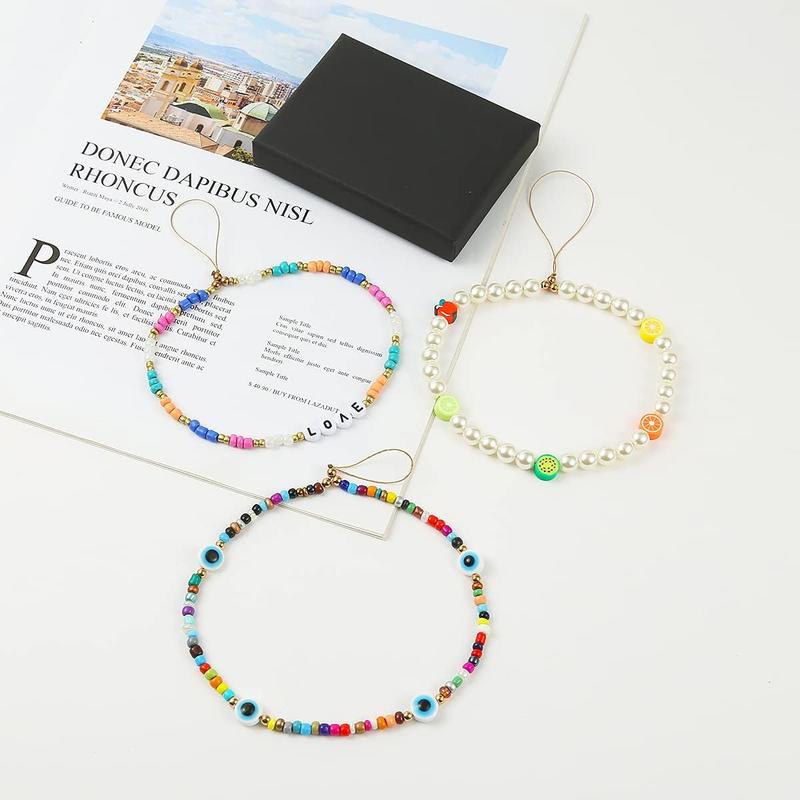 6PCS Beaded Phone Lanyard Wrist Strap Face Beaded Phone Charm Fruit Star Pearl Rainbow Color Beaded Phone Chain Strap for Women