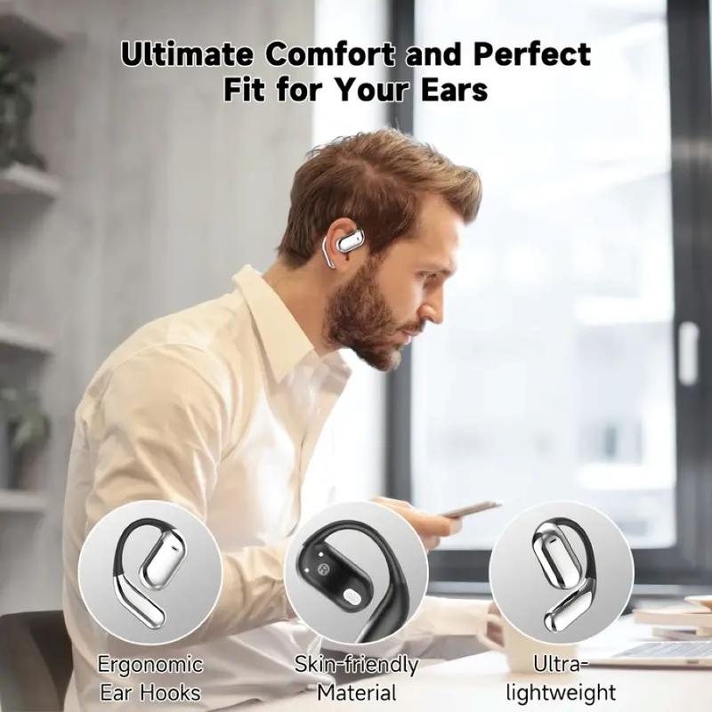 Open Bluetooth 5.4 earphones, wireless earphones, sports earphones with built-in microphone, 60H playback time with ear hook, LED digital display charging case, IPX7 waterproof design, suitable for running, sports and fitness, black