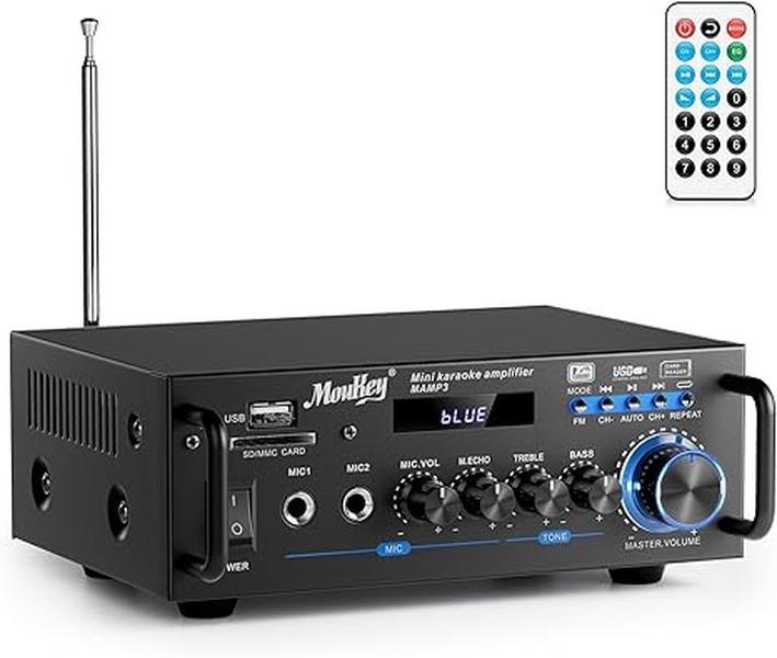 Moukey MAMP3 2.0 Channel Stereo Bluetooth 5.0 Karaoke Amplifier, 300W Audio Stereo Receiver with RCA, USB, SD, 2 Mic Inputs, FM Radio