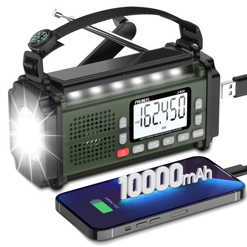 2024 NEW ARRIVAL PRUNUS J-924 10000mAh Hand Crank Radio, Emergency Radio Solar, AM FM SW NOAA Weather Radio, AAA Batteries Powered Radio, USB Charging, Torch& LED Reading Light, SOS Alarm, Power Bank, Compass for Camping crank  radio