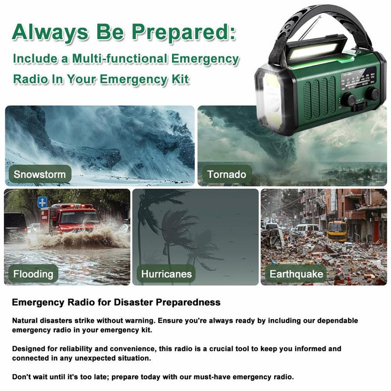 Solar Emergency Radio, 10000mAh Hand Crank Radio, NOAA AM FM Weather Radio with Flashlight & Reading Lamp, Phone Charger for Emergency, Radio, Portable Charger for Phone, Portable Radio