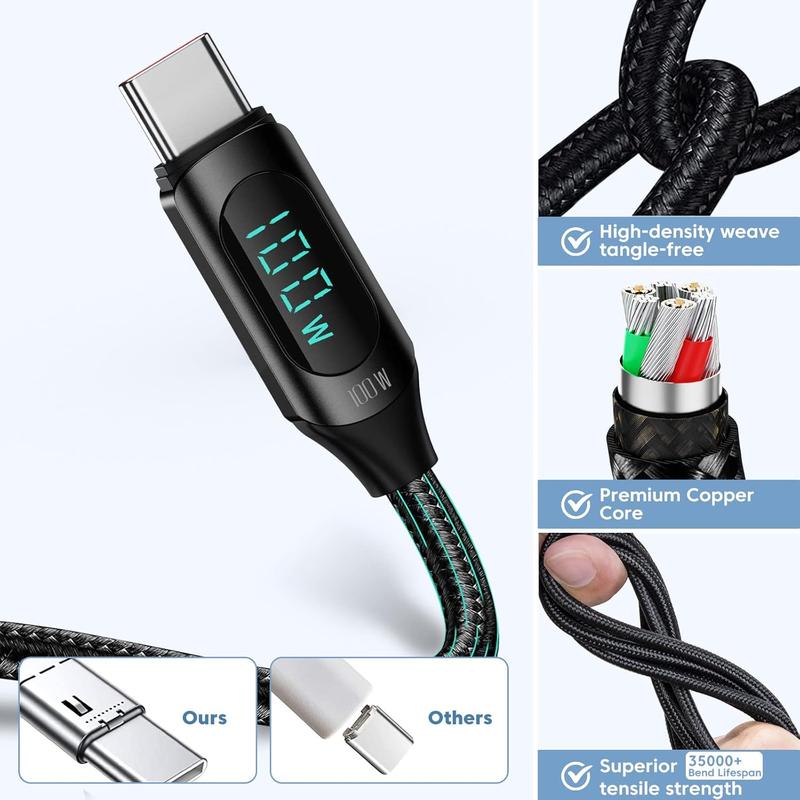 USB C to USB C Cable  Type C Charger Fast Charging Cable 5A PD 100w USB C Cable with LED Display, 480Mbps Data Nylon Braided USB C Cable for Samsung Galaxy A15 A25 A35 A45 A55 USB-C Fast usb cable usb-c charger