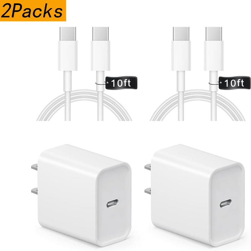 2-Pack 20W PD USB-C Wall Charger with 6FT 10FT Type-C to C Cable for iPhone 16 15 Series, iPad Pro, Air, Mini, Samsung Galaxy, Charging Device