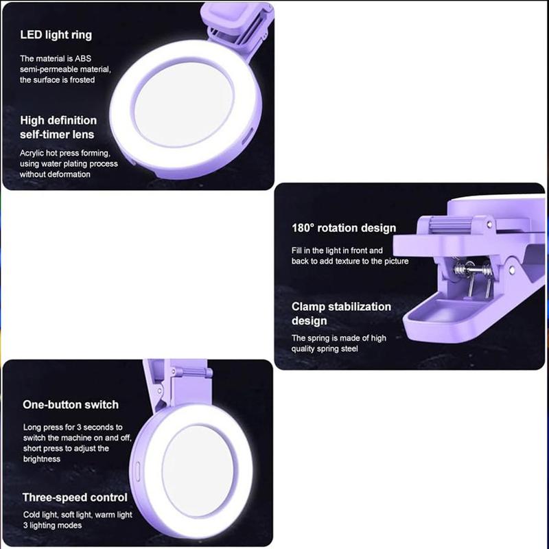 Portable Selfie Ring Light Clip with Mirror, 180° Rotatable Selfie Fill Light Clip, Selfie Accessories for iPhone Android Smartphone Live Streaming