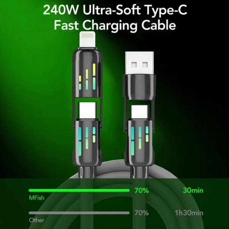 PQRQP 240W 4-in-1 Multi USBCharging Cable with USB A,Type C,Lightning port,MAX Fast Charging &Data Sync for iPhone 16 15, iPadPro,Samsung & Laptops