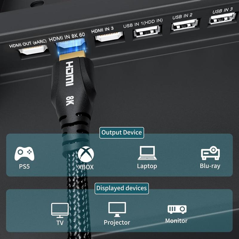 8K HDMI Cable - Ultra High Speed HDMI Cable 2.1 Certified 4K 120hz 8K 60hz 48Gbps Braided eARC HDCP 2.2&2.3 - Compatible for Xboe Blu-ray HDTV PS5 Monitor