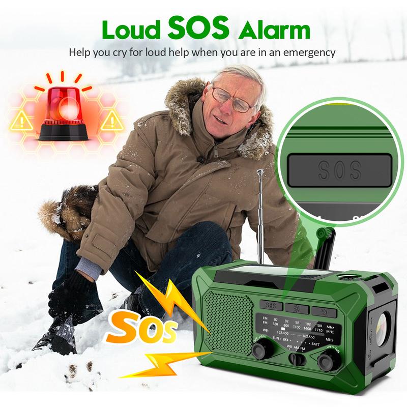 10000mAh Emergency Hand Crank Radio with LED Flashlight, AM FM NOAA Portable Weather Alert Radio, Solar Powered Radio with Phone Charger, USB Charged, SOS Alarm, Compass for Outdoors Audio Button Rechargeable Mobile emergency crank radio