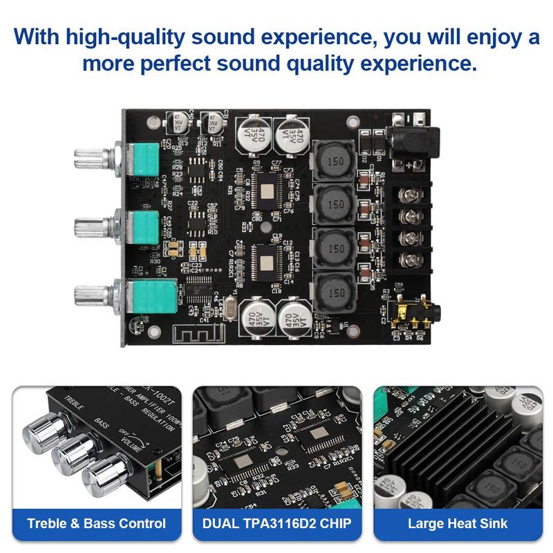 ZK-1002T Bluetooth 5.0 Amplifier Board 2.0 200W HiFi Subwoofer Audio AMP with Treble and Bass Control BT and AUX Inputs, DC 9-24V 2.0 Channel Stereo AMP Module for DIY Speakers, Password Free Smartphone