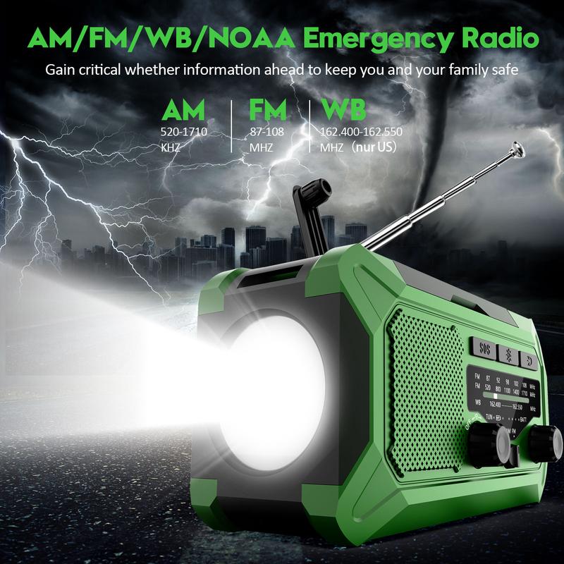 10000mAh Emergency Hand Crank Radio with LED Flashlight, AM FM NOAA Portable Weather Alert Radio, Solar Powered Radio with Phone Charger, USB Charged, SOS Alarm, Compass for Outdoors Audio Button Rechargeable Mobile emergency crank radio