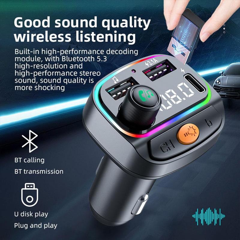 Car MP3 Player with Car Charger Function & Atmosphere Light, Multifunctional Car BT MP3 Player, Universal 12-24V Car Audio Player