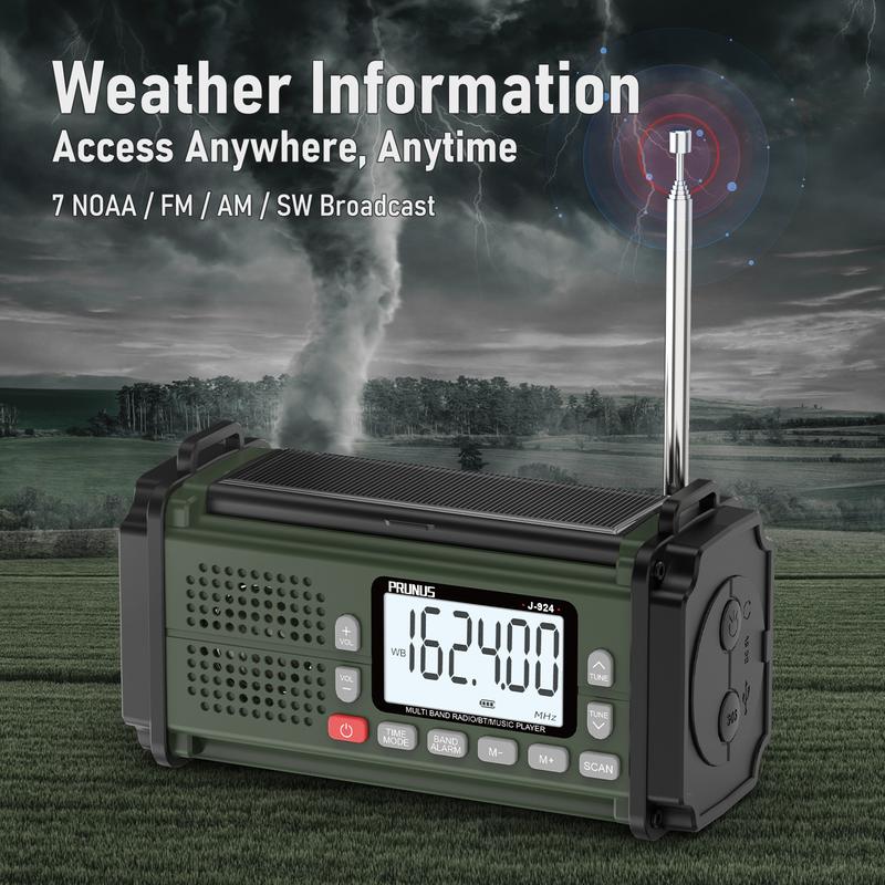 2024 New Arrival PRUNUS J-924 Hand Crank Emergency Radio 10000mAh Power Bank Solar AM FM SW NOAA Audio USB LED Light SOS Alarm Compass for Camping