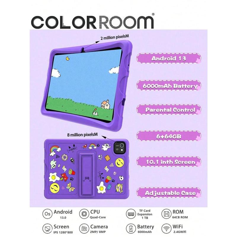 COLORROOM Kids Tablet 10 Inch Android 13 Tablet For Kids With Case Included, Quad Core,Pantalla IPS Full HD De 10.1 Pulgadas, 6(2+4)GB+64GB,6000 MAh,Wifi,  Kids Space, Parental Control,Great Gift For Toddler